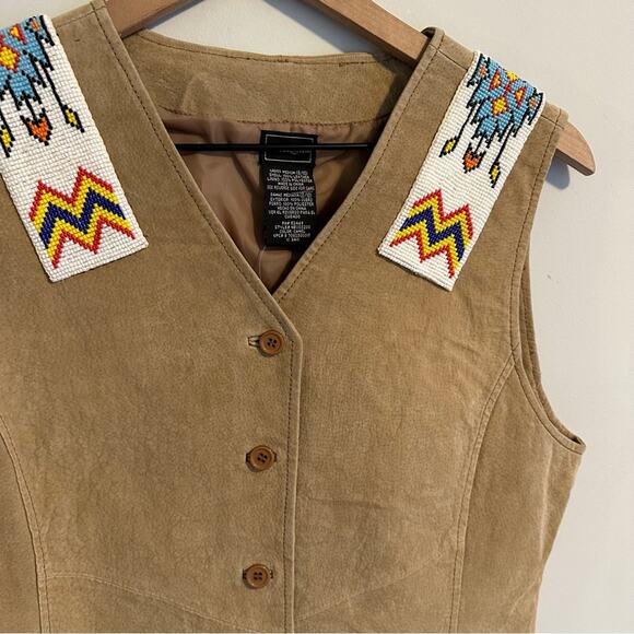 Vintage Outbrook Tan Leather Beaded Button Down Top Vest Medium - Picture 11 of 11